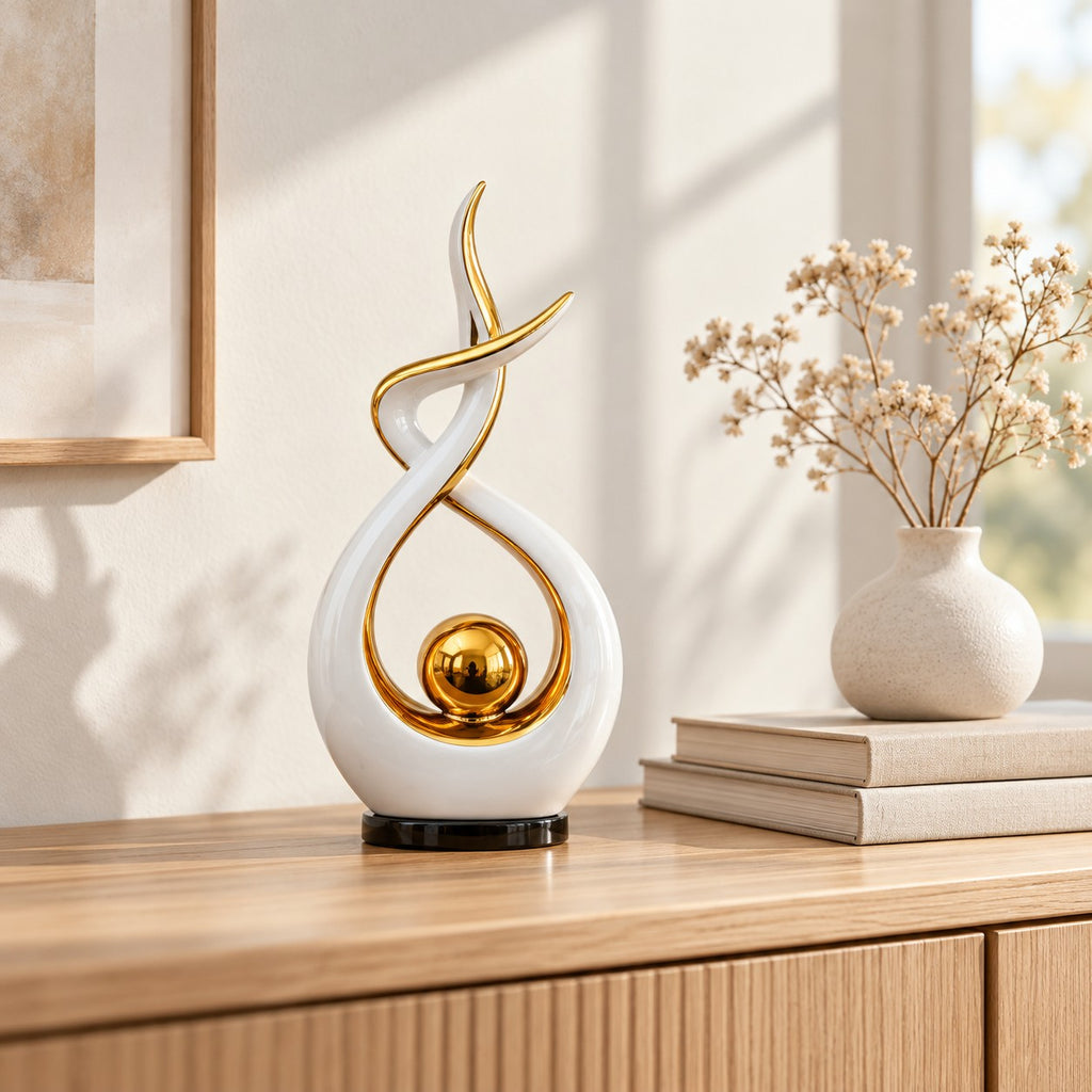 Abstrakt keramikstaty i vitt och guld på sideboard