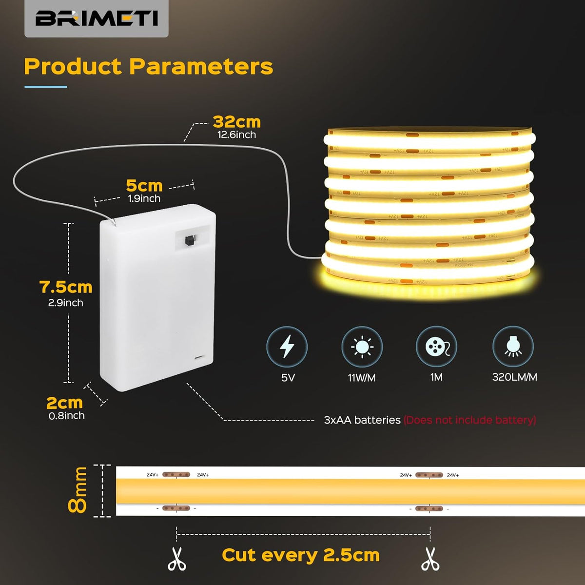 COB LED Strip Batteridriven LED Remsa 5V 1M Neutral Vit 4000K 320LEDs/m Flexibel Självhäftande Band Remsa för Sovrum Kök TV-bakgrundsbelysning Hem Inredning DIY Dekoration