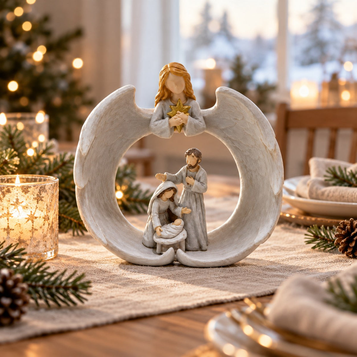 Änglafigur med julkrubba på julbordet
