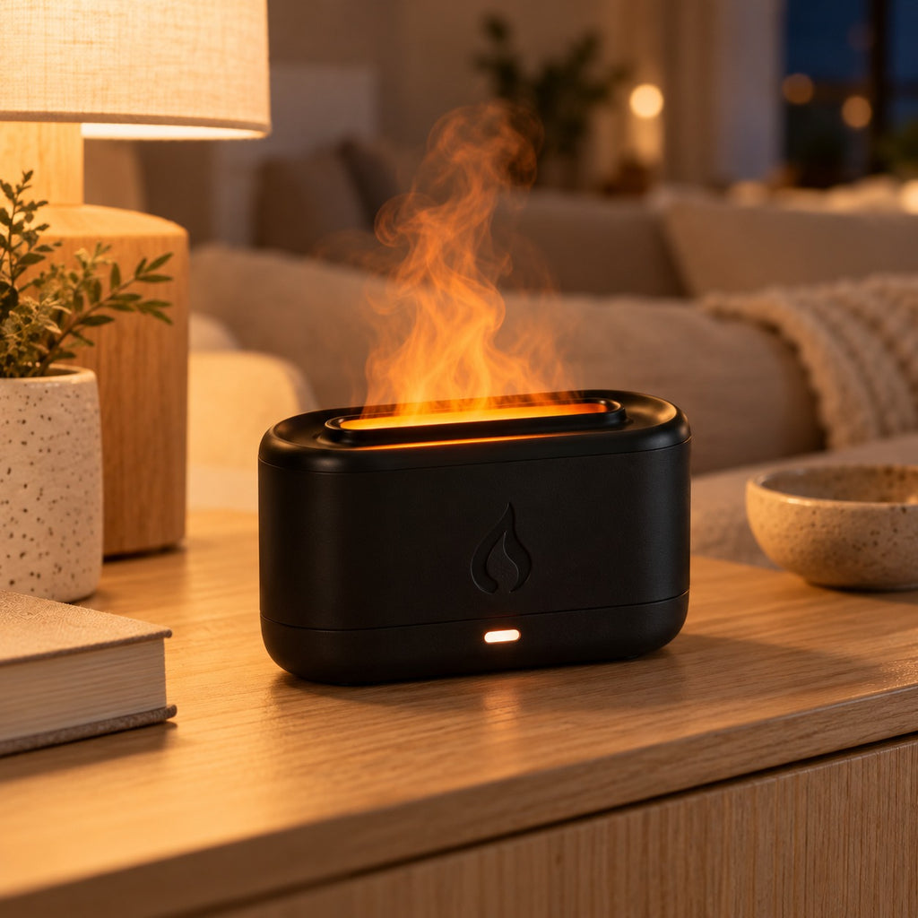 Aromadiffuser med flameffekt på sideboard i vardagsrummet