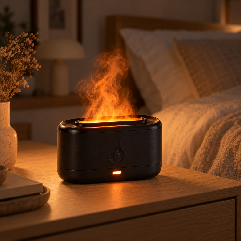 Aromadiffuser med flameffekt på nattduksbordet i sovrummet