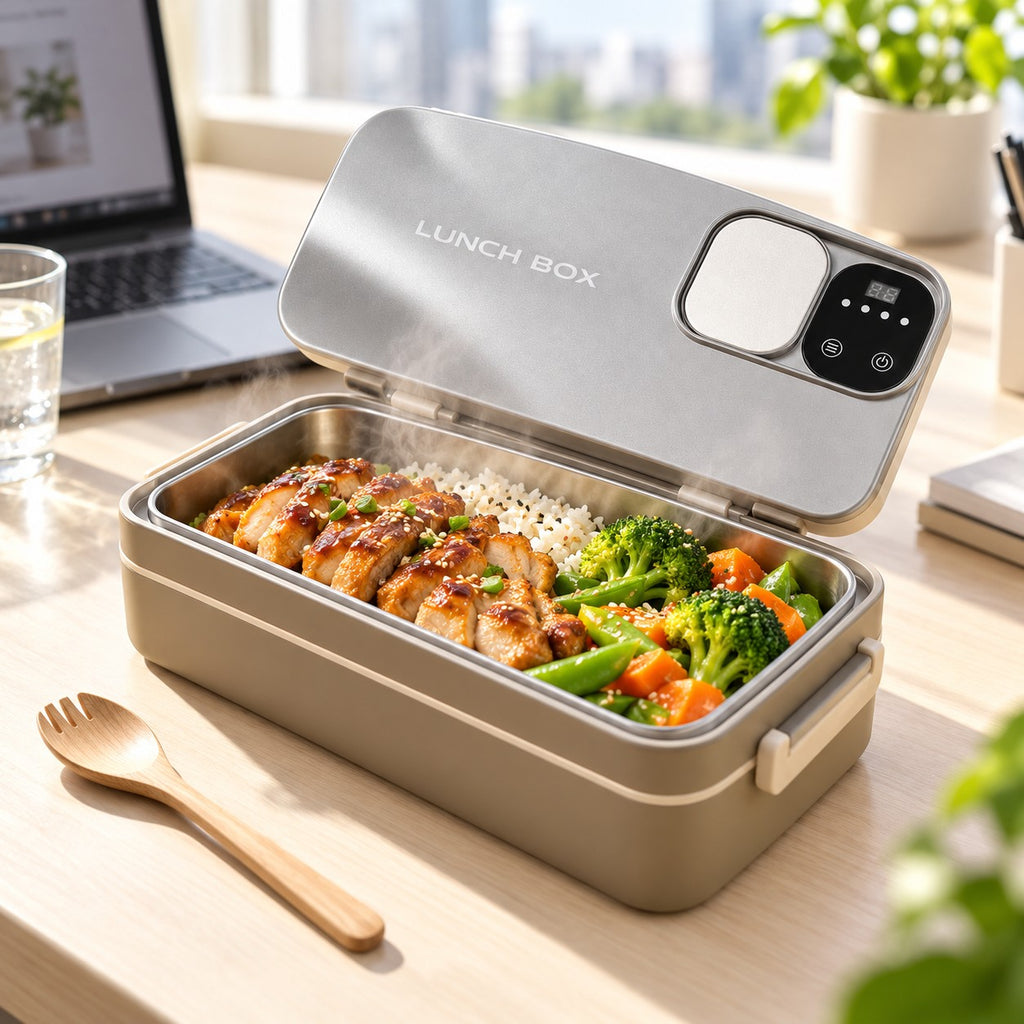 Elektrisk matlåda med varm lunch på kontorsskrivbord