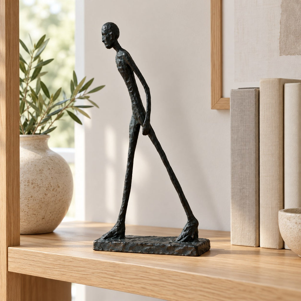 Gående figurskulptur i bronslook stylad på möbel
