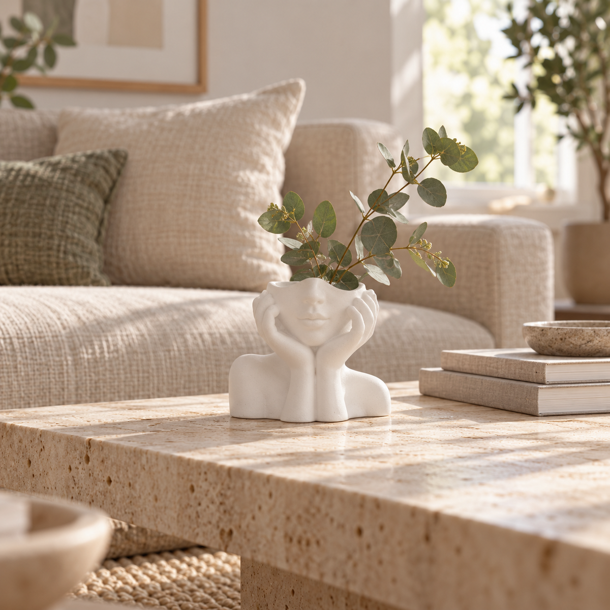 Designvas med ansikte i vit keramik