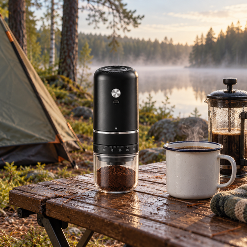 Bärbar kaffekvarn på campingbord vid sjö