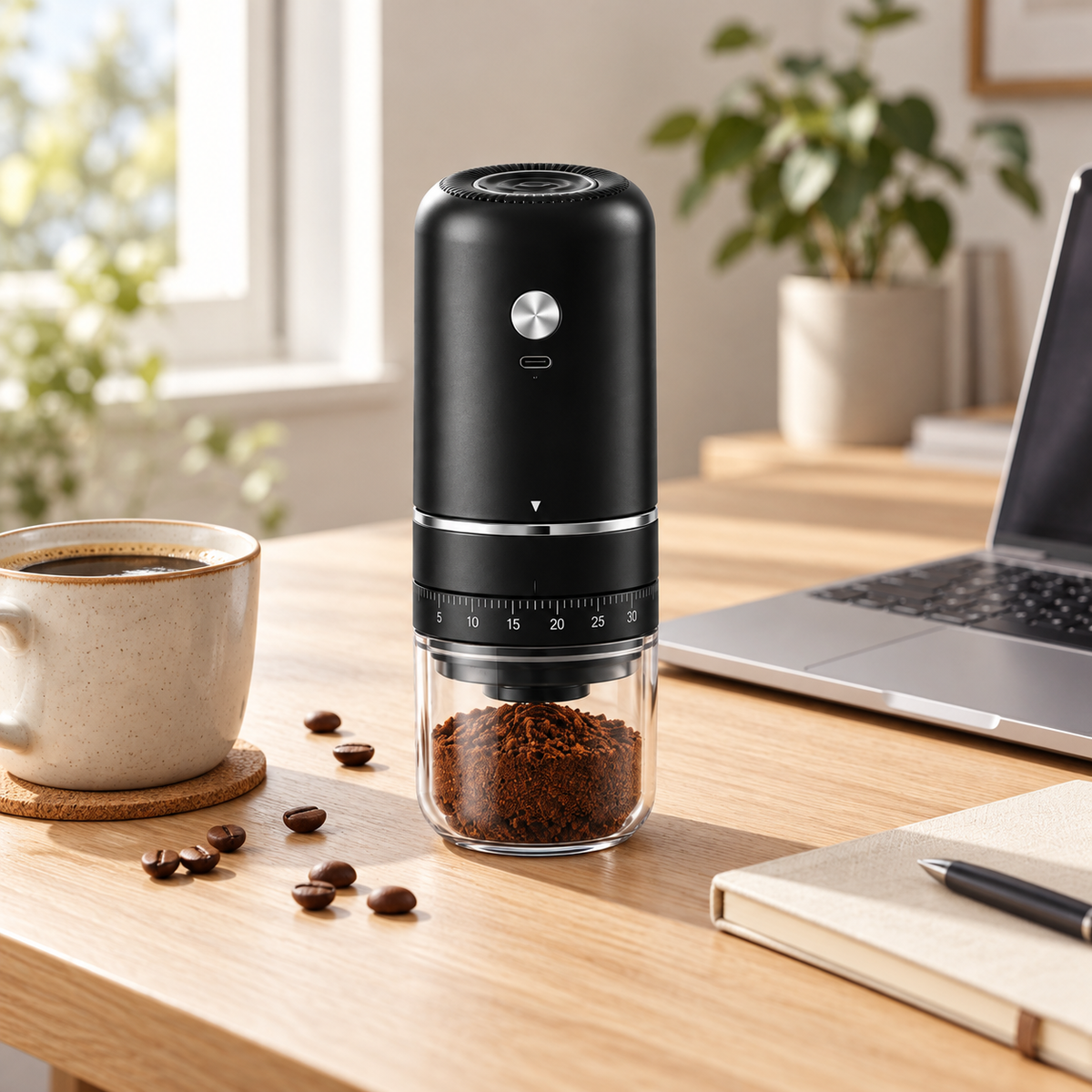 Laddbar kaffekvarn på skrivbordet på kontoret