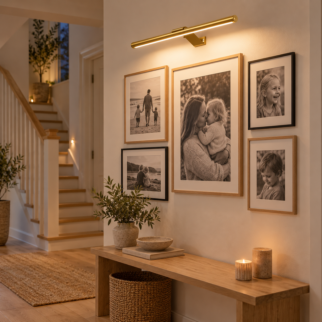 Trådlös lampa i guld över fotovägg med familjefoton i hallen