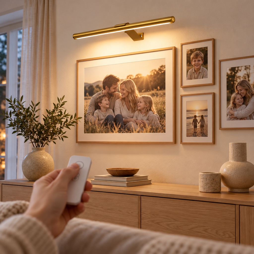 Trådlös lampa i guld över familjefoton, tänds med fjärrkontroll