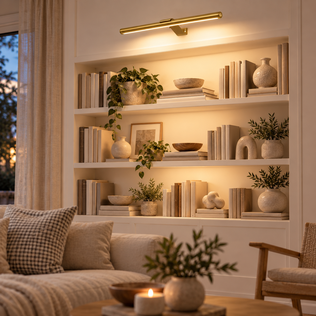Trådlös lampa i guld ovanför vit bokhylla i vardagsrum