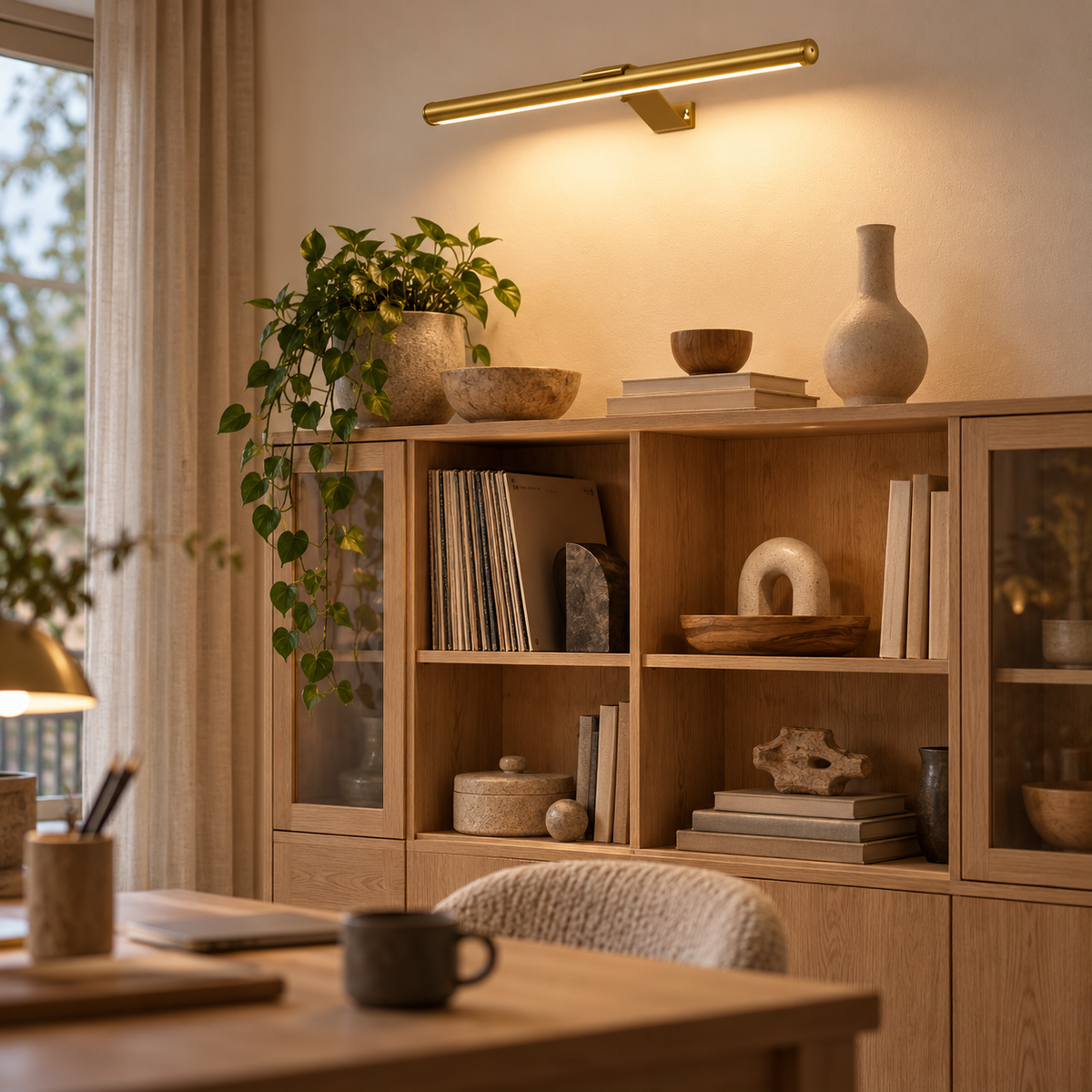 Trådlös lampa i guld ovanför hylla i ek i arbetsrum