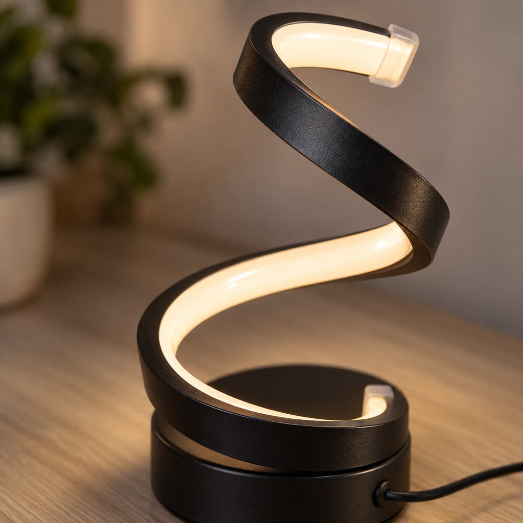 Närbild på spirallampans mjuka LED-ljus och svarta fot