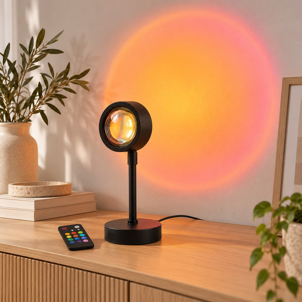 Solnedgångslampa projicerar orange solnedgång på väggen