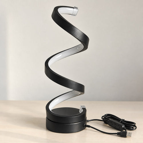 Svart spirallampa LED med USB-sladd och dimmer på ljust bord