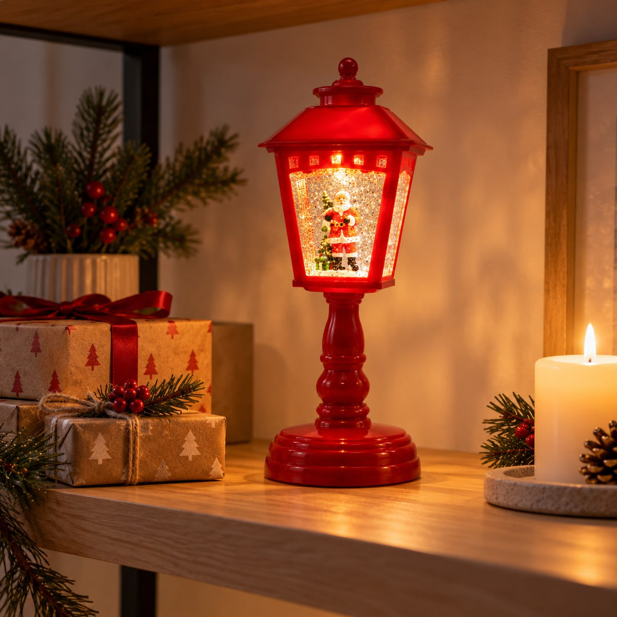 Jullykta med tomte på hyllan bland julklappar