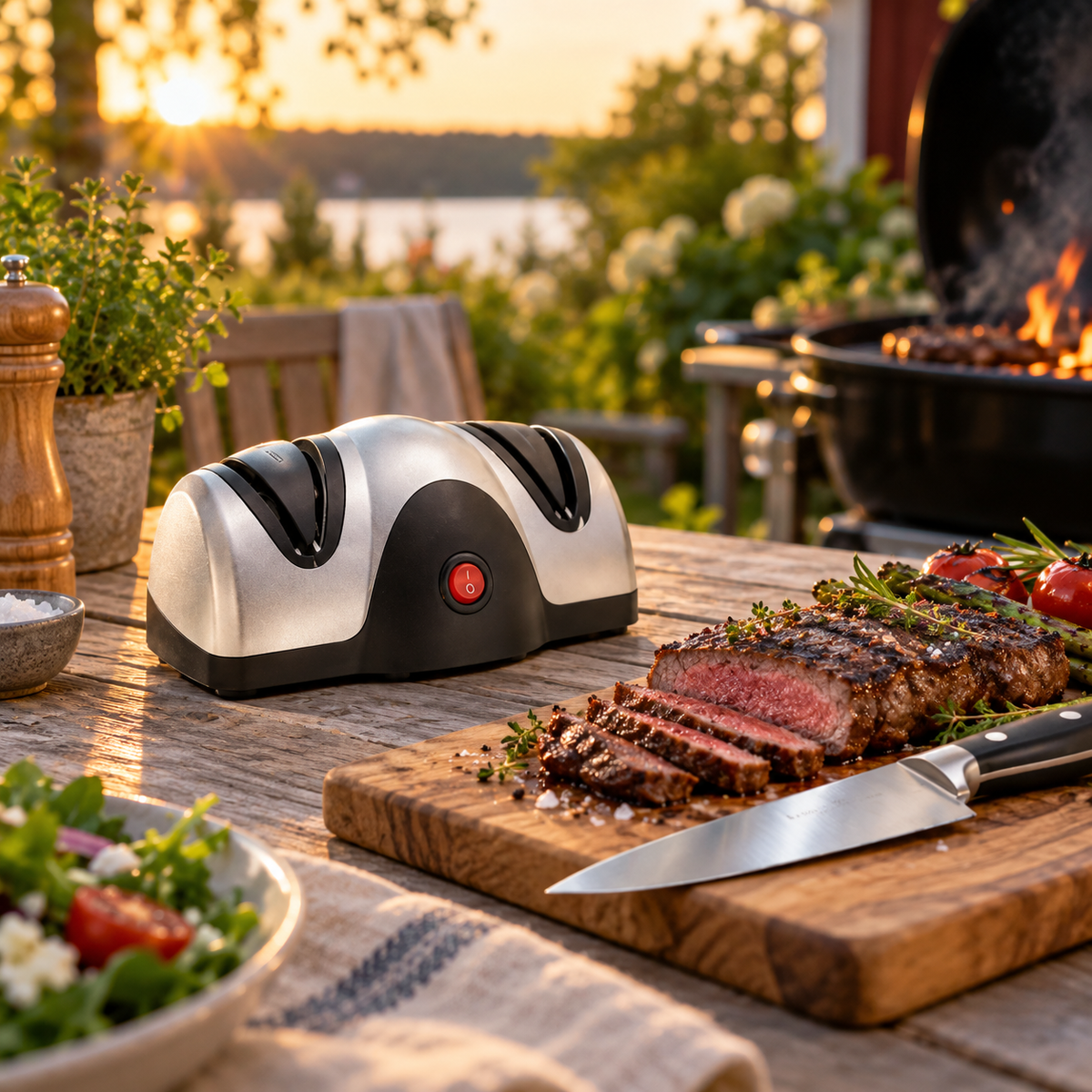 Elektrisk knivslip vid grillen med uppskuren entrecôte