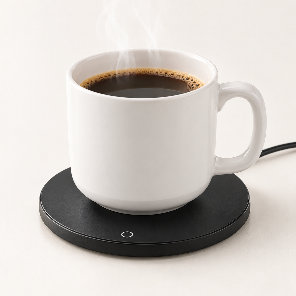 Muggvärmare i svart med vit kaffemugg