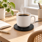 Muggvärmare på skrivbord med ångande kaffe